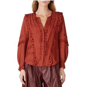 Rebecca Taylor Silk Trim Detail Blouse in Rust Red
